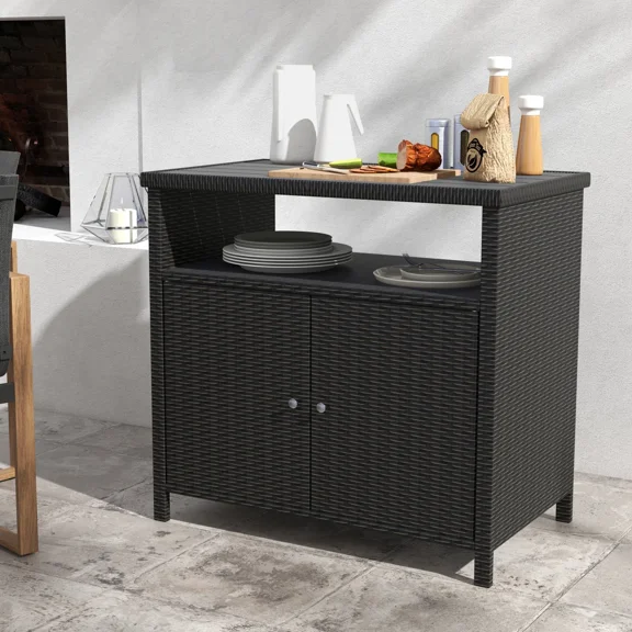 EVERITE Wicker Buffet & Console Table ,Weatherproof Storage Table for Patio & Living Room