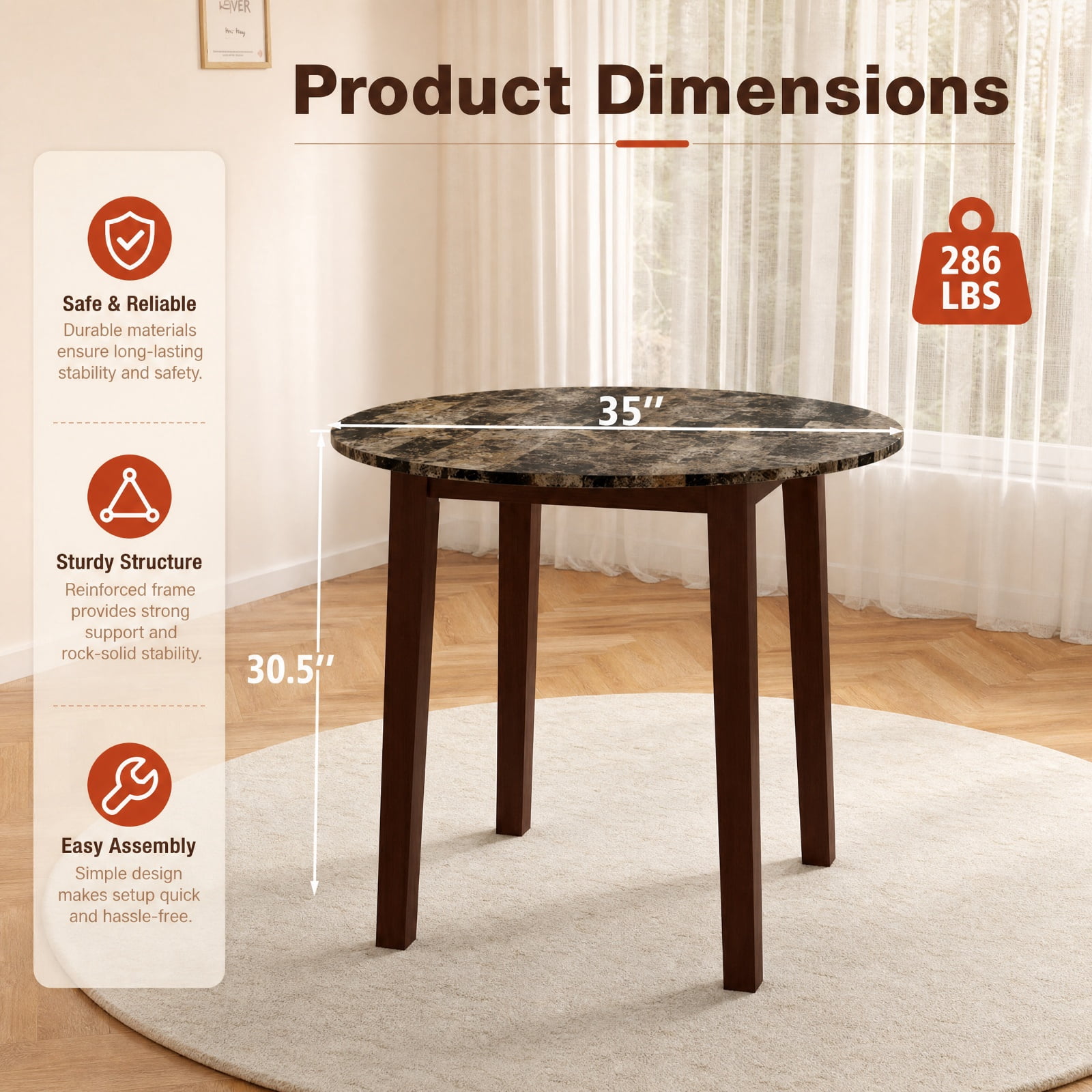 Furnibear 35 Inch Round Dining Table for 4 with Rubber Wood Legs and Marble Textured Veneer Top for Kitchen and Dining Room, Brown