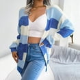 thumbnail image 2 of felwors Women's Striped Long Sleeve Open Front Knit Cardigan Casual Pullover Sweater Blue, L, 2 of 8