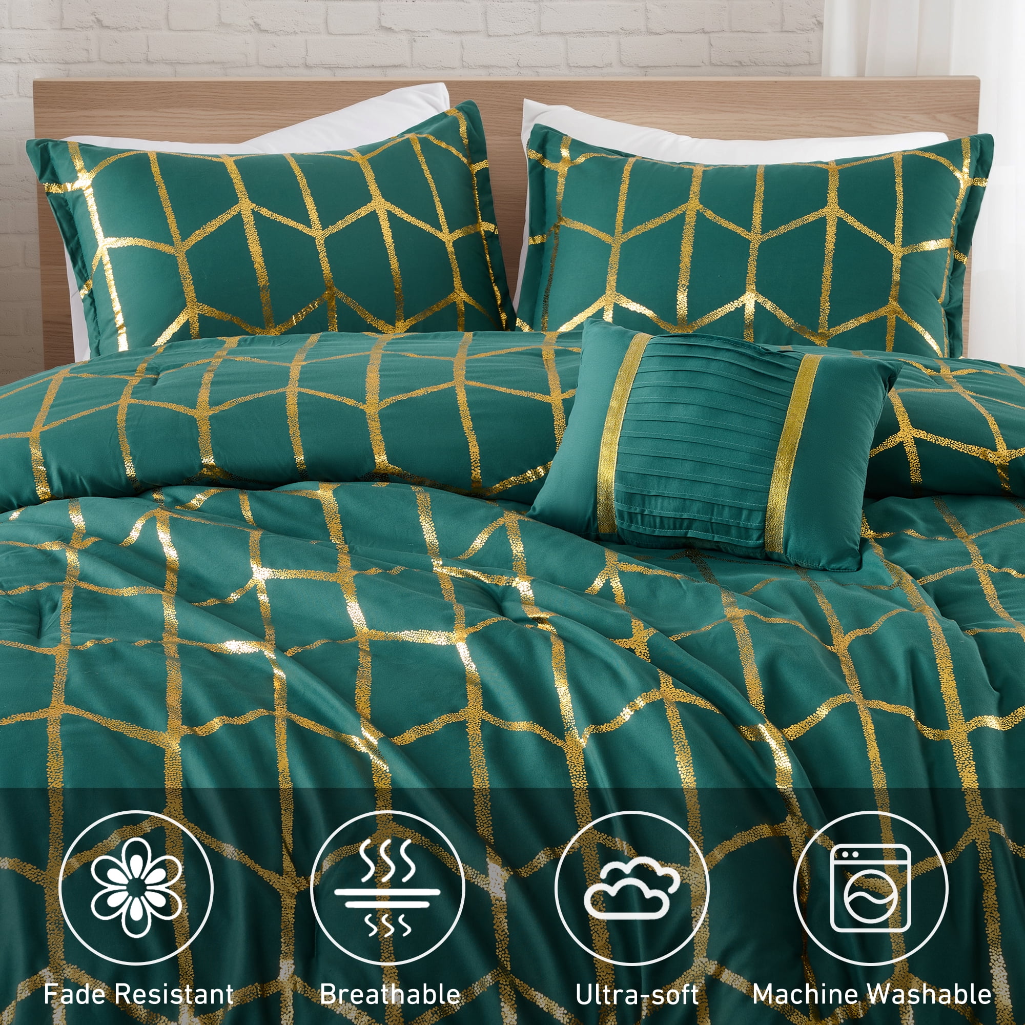 Regency Heights Full/Queen Size Comforter Set, 4-Piece Bedding Set for All Seasons, Geometric Metallic Comforter Bed Set with Decor Pillows,Green/Gold