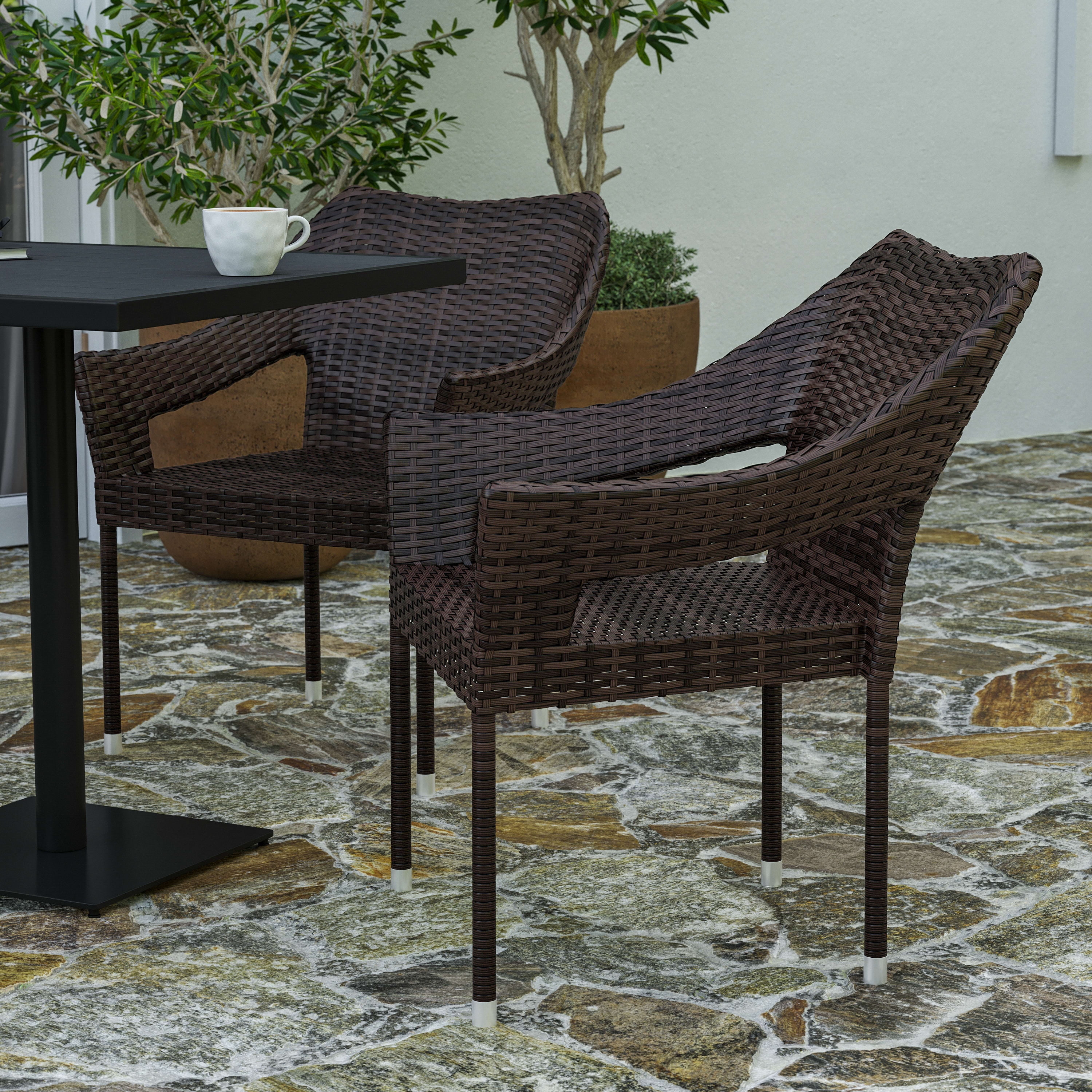 Merrick Lane Weather Resistant Indoor/Outdoor Stacking Patio Dining Chair with Steel Frame and PE Rattan - Espresso