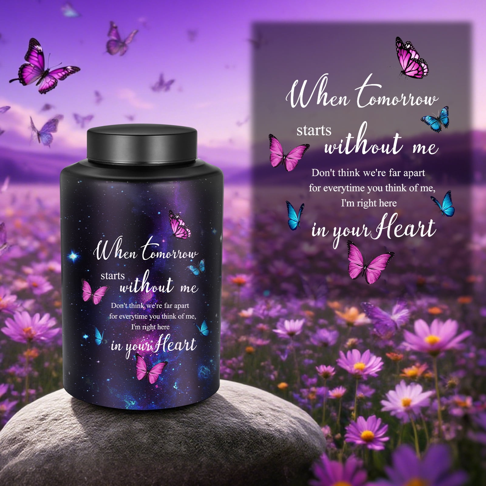 XIUDA 10 Inches Cremation Urns for Human Ashes Keepsakes Urns Purple Butterfly Urn for Human Ashes Decorative Urns for Adult Male Memorial Stainless Steel Funeral Burial Um - Up to 200 lbs