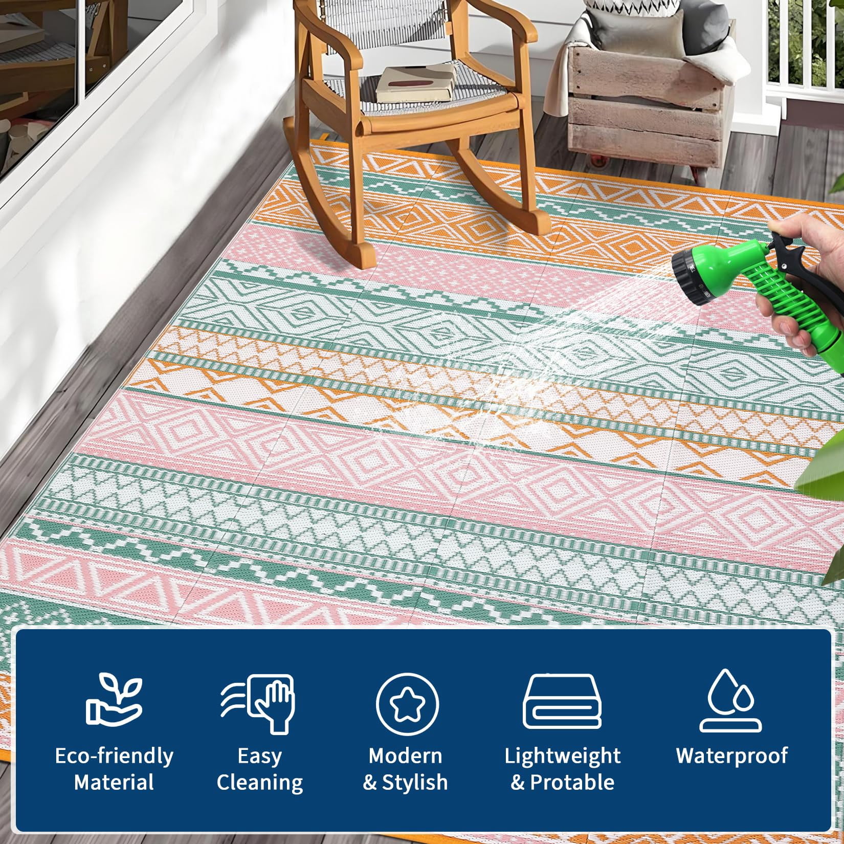 Waterproof & Reversible Outdoor Rug – Durable Patio Carpet for Camping, RV, Deck, Picnic, Porch, Backyard – Lightweight, UV & mark Resistant
