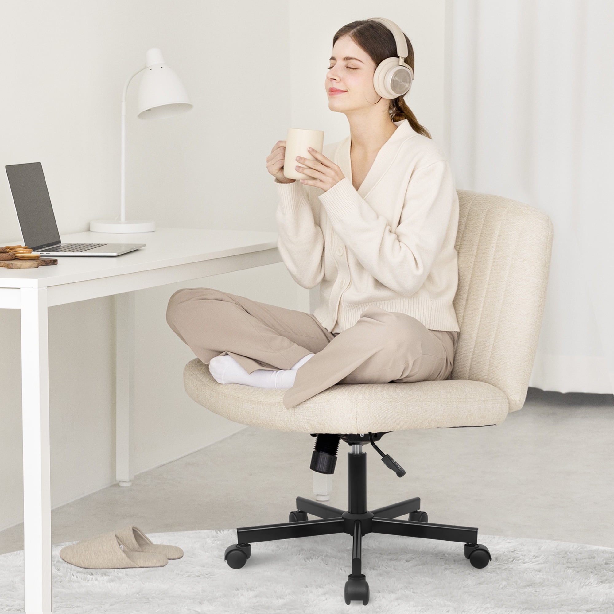 Orange Factory Criss Cross Chair Wheels Wide Cross Legged Office Desk Vanity Chair Comfy Fabric Armless Adjustable Swivel for Home Computer Task (Beige Wheel, Fabric)