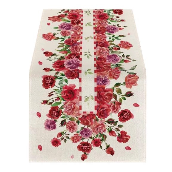 Red Rose Pink Heart Table Runner, 13x72'' Watercolor Spring Wedding Bridal Shower Party Home Dining Room Kitchen Table Decoration, Romantic Vibe Table Runner