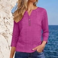 thumbnail image 5 of Sokhug Womens V Neck 3/4 Sleeve Eyelet Blouse Button Front Textured Cotton-Blend Casual Tunic Tops with Curved Hem, 5 of 9