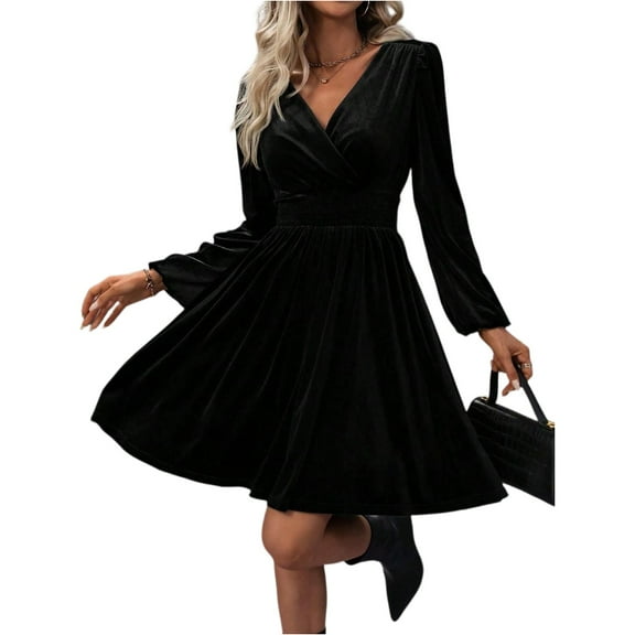 WTOBBY Women's Fashionable Solid Color V-Neck Long Sleeve Pullover Casual Dress Easy Pull-On Design for Quick Wear Comfortable Knit Fabric Versatile for Layering or Solo Use,Black L