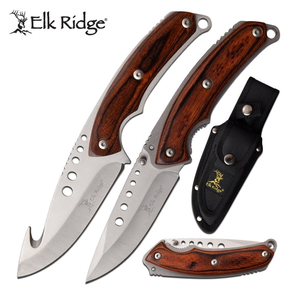 Hunting Knife Set | Elk Ridge Fixed-Blade Gut Hook + Folder Brown Wood + Sheath