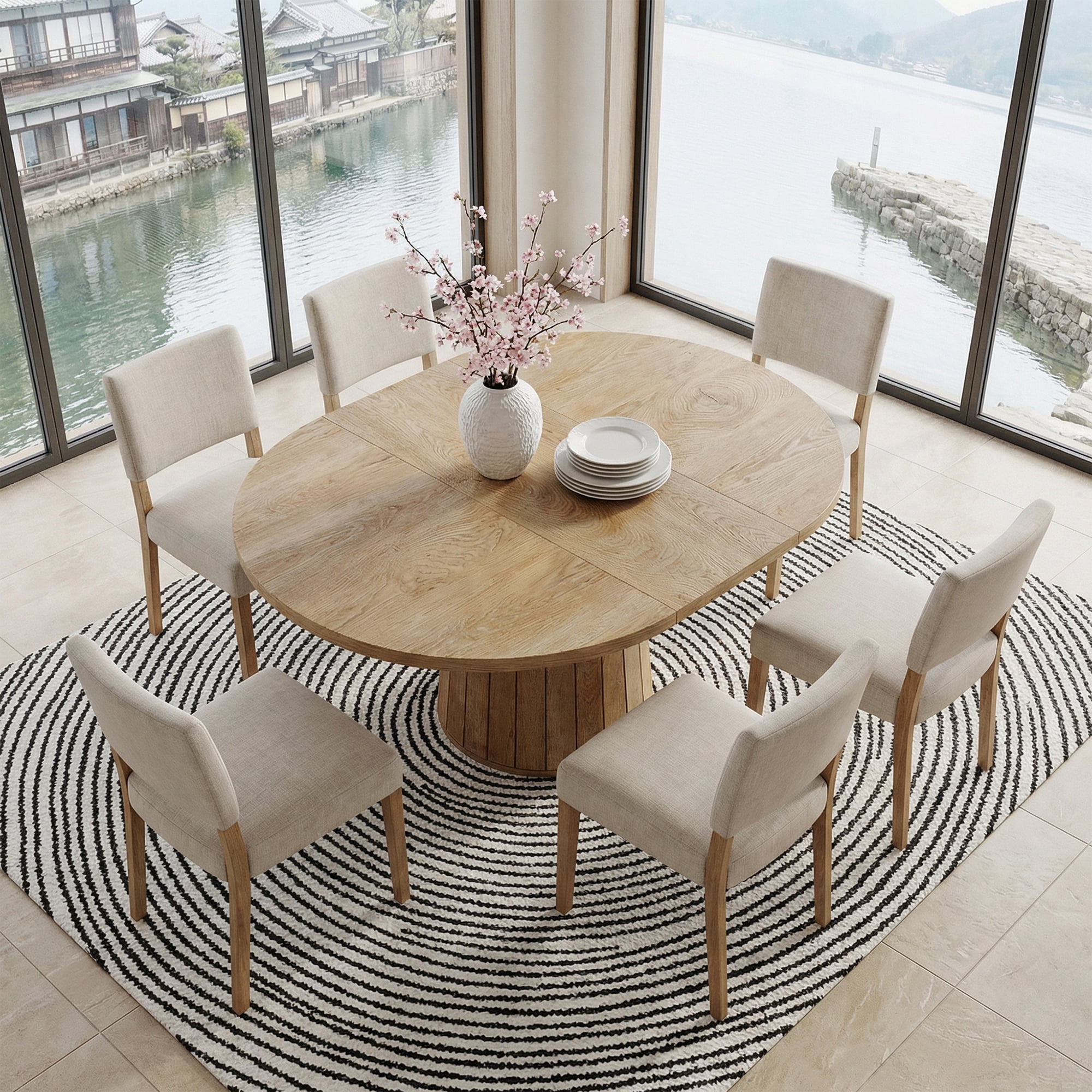 MAYEERTY 55 Inch Oval Dining Table, Elegant Kitchen Dinner Table with Cylindrical Wooden Pedestal Base for Family Dining