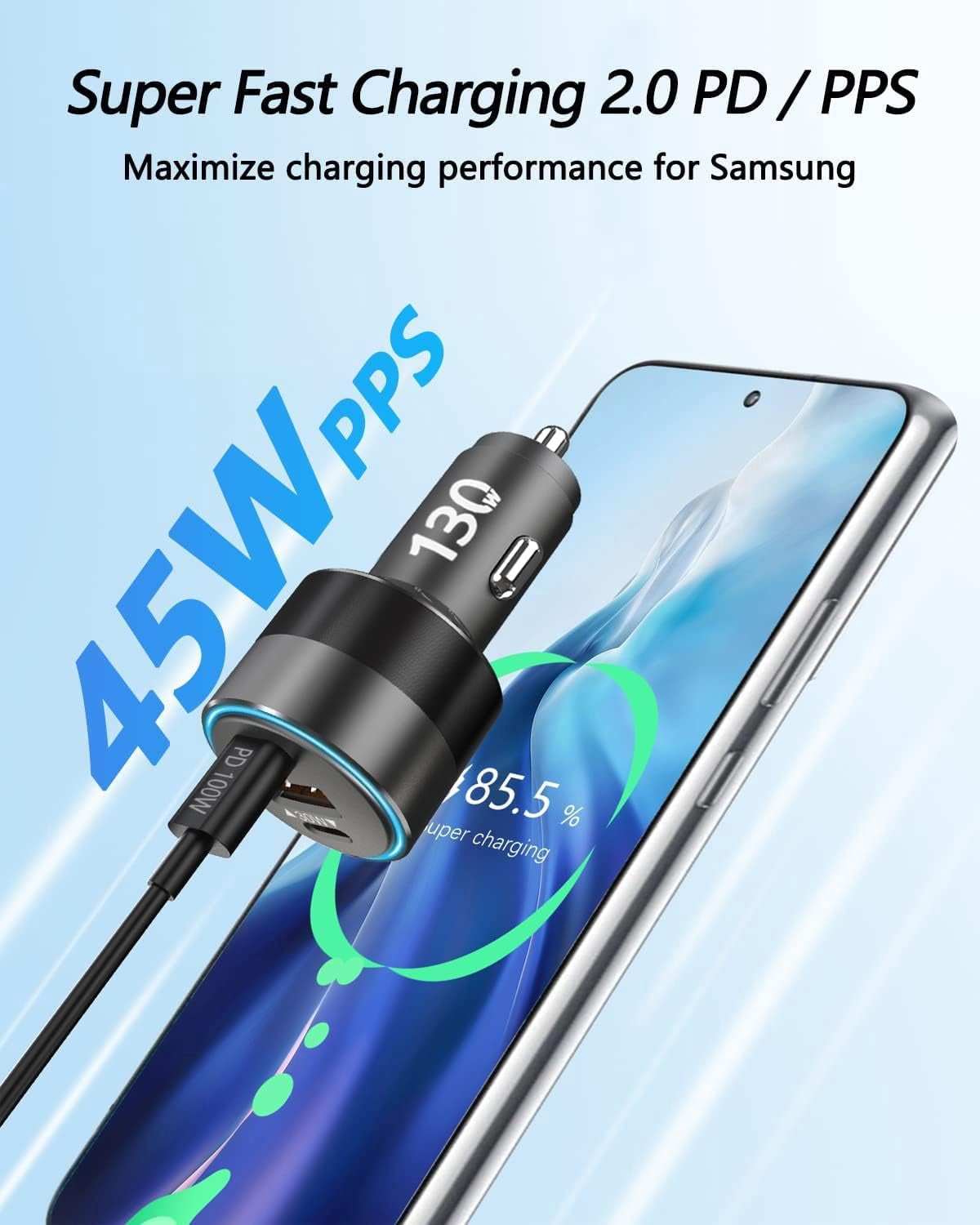 130W USB C Car Fast Charger with 100W Cable,PD 100W PPS 45W QC5 30W Cigarette Lighter Type C Charger for iPad Pro MacBook Pro Air Laptop iPhone 15 14 13 Pro Max Plus Samsung S23 Ultra S22 S21