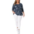 thumbnail image 2 of Plus Size Floral Print Tops for Women Square Neck Long Sleeve Pleated Tunic Dressy Casual Blouses 3X Navy Blue, 2 of 5