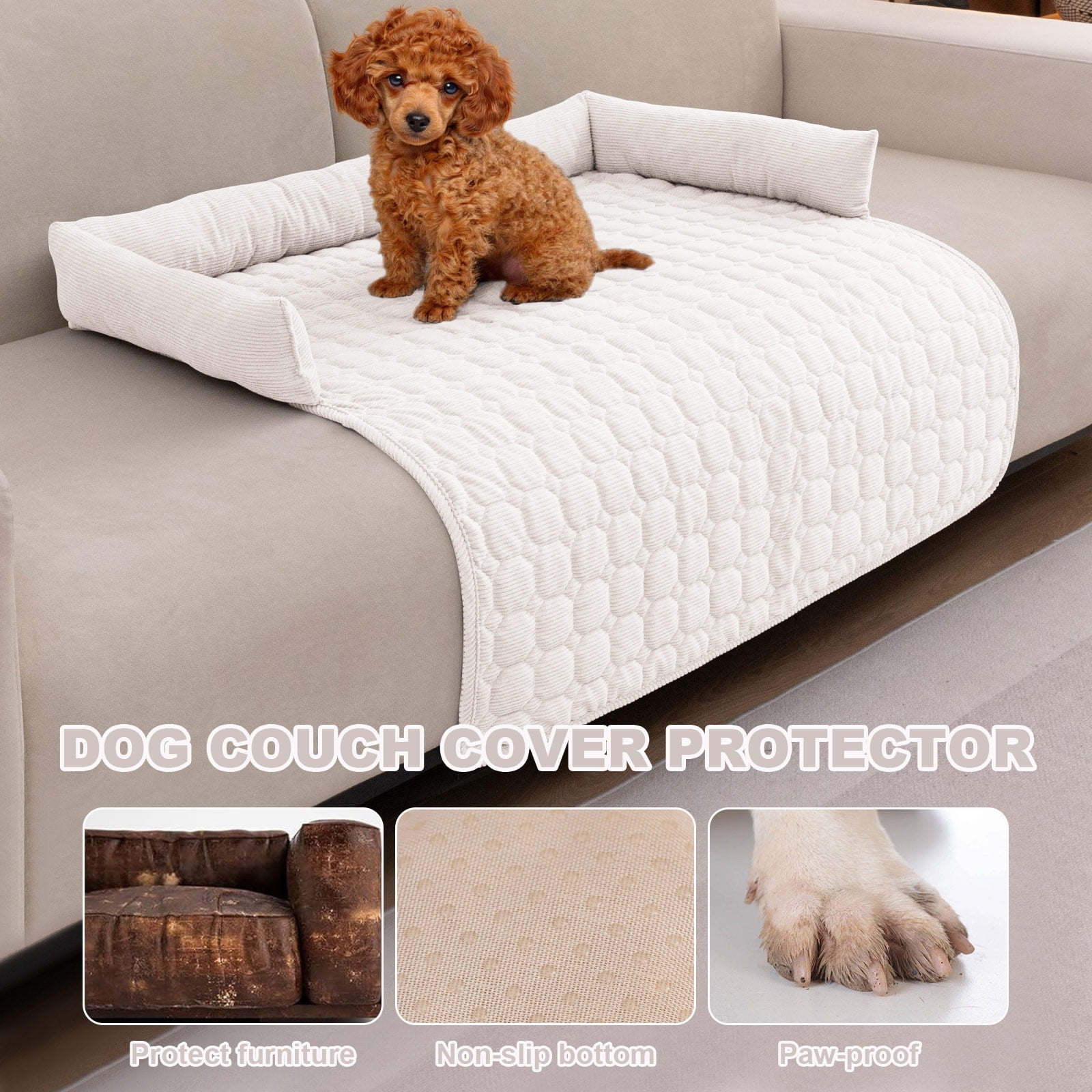 Eurhowing Dog Couch Cover 30"x30", Corduroy Dog Bed Mat for Couch with 3 Side Dog Pillow, Washable Sofa Cover Pet Furniture Protector for Dogs&Cats, Off-White