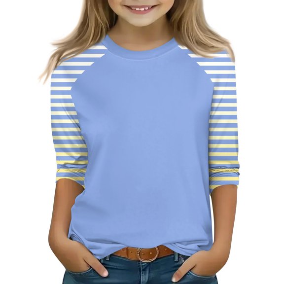 HAJWOH Girls Shirt 3/4 Sleeve Tops Casual Round Neck Blouse 2025 New Soft Tee