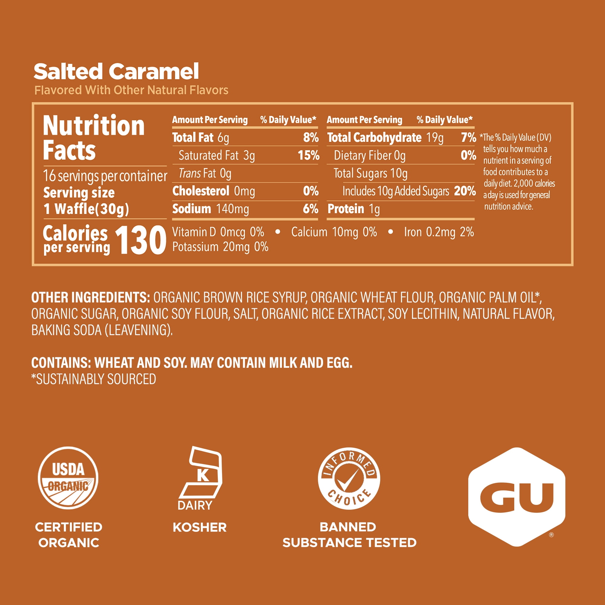 GU Energy Waffles, Salted Caramel, Caffeine-Free, 16ct Box, On-the-Go Energy for Any Workout