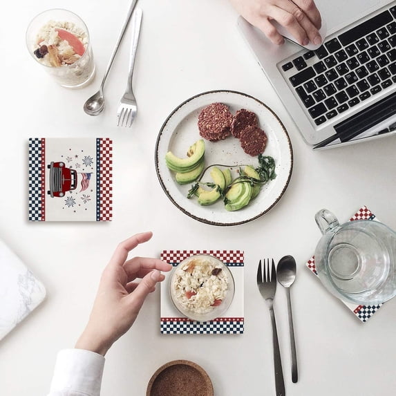 FMSHPON Independence Day Vintage Pickup Truck with American Flag Retro Car Set of 8 Coaster for Drinks, Absorbent Ceramic Stone Coasters Cup Mat with Cork Base for Coffee Table Bar Decor