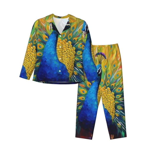 Fotbe Peacocks Conjunto de Pijama de Manga Larga para Mujer con Estampado, Ropa de Dormir de 2 Piezas, Conjunto de Casa Suave y Cómodo con Bolsillos-Large
