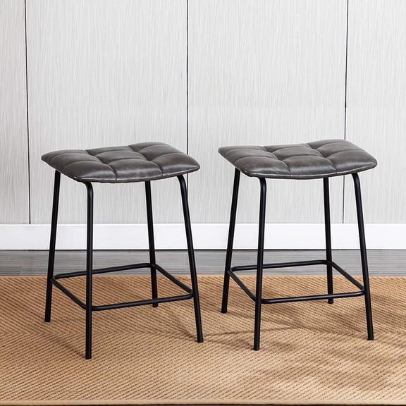 DUHOME 24” Square Tufted Counter Bar Stools Set of 2, Breathable Faux Leather Upholstered Barstool with Footrest, Backless Stool for Kitchen Counter Island Bar, YellowishBrown
