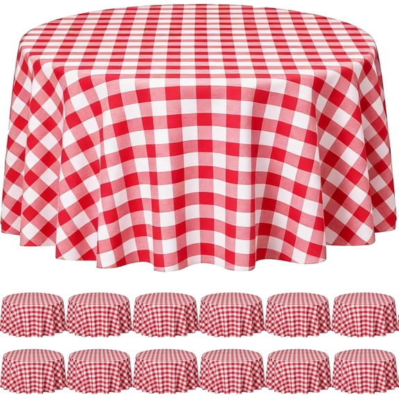 12 Pack Red and White Plastic Checkered Tablecloth Round, Disposable Gingham Table Cover, Waterproof Table Cloth, Decorative Round Tablecloth for Party Picnic BBQ Events, 84 Inch