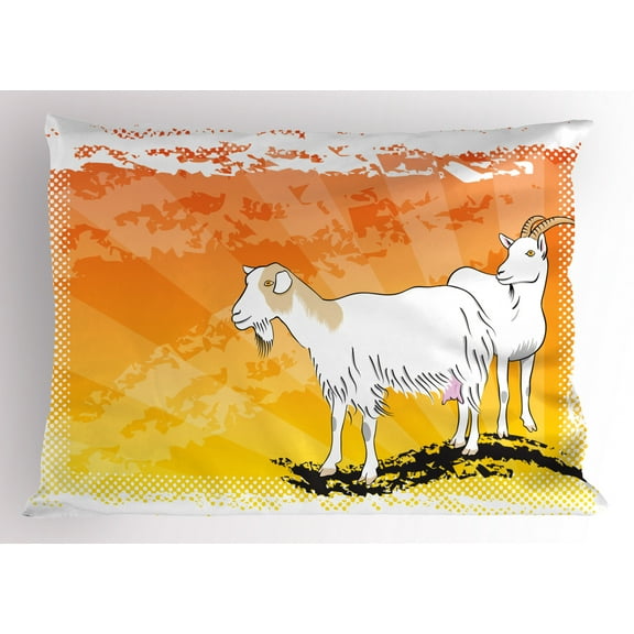 Ambesonne Goat Pillow Sham, Horned Mammal Animal Ranch, 26" X 20", Orange Yellow White