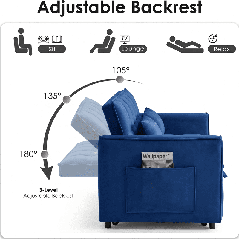Gewnee 55" Sofa Bed, Convertible Sleeper Sofa & Pull Out Couch, 3-in-1 Velvet Loveseat with Adjustable Backrest and Storage Pocket, Blue