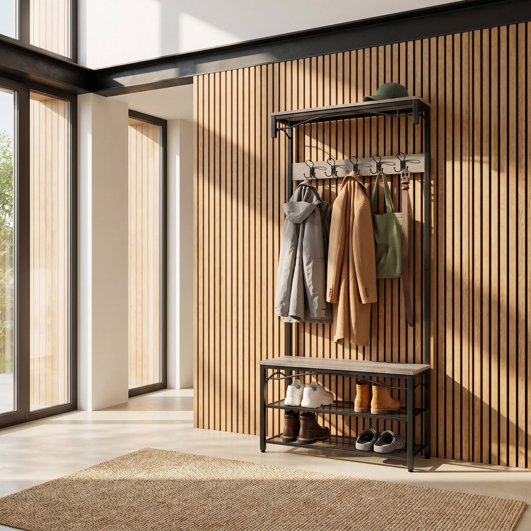 Nordic Hygge 70.3 in. Industrial Hall Tree with Shoe Bench & Storage Shelves, Greige & Black