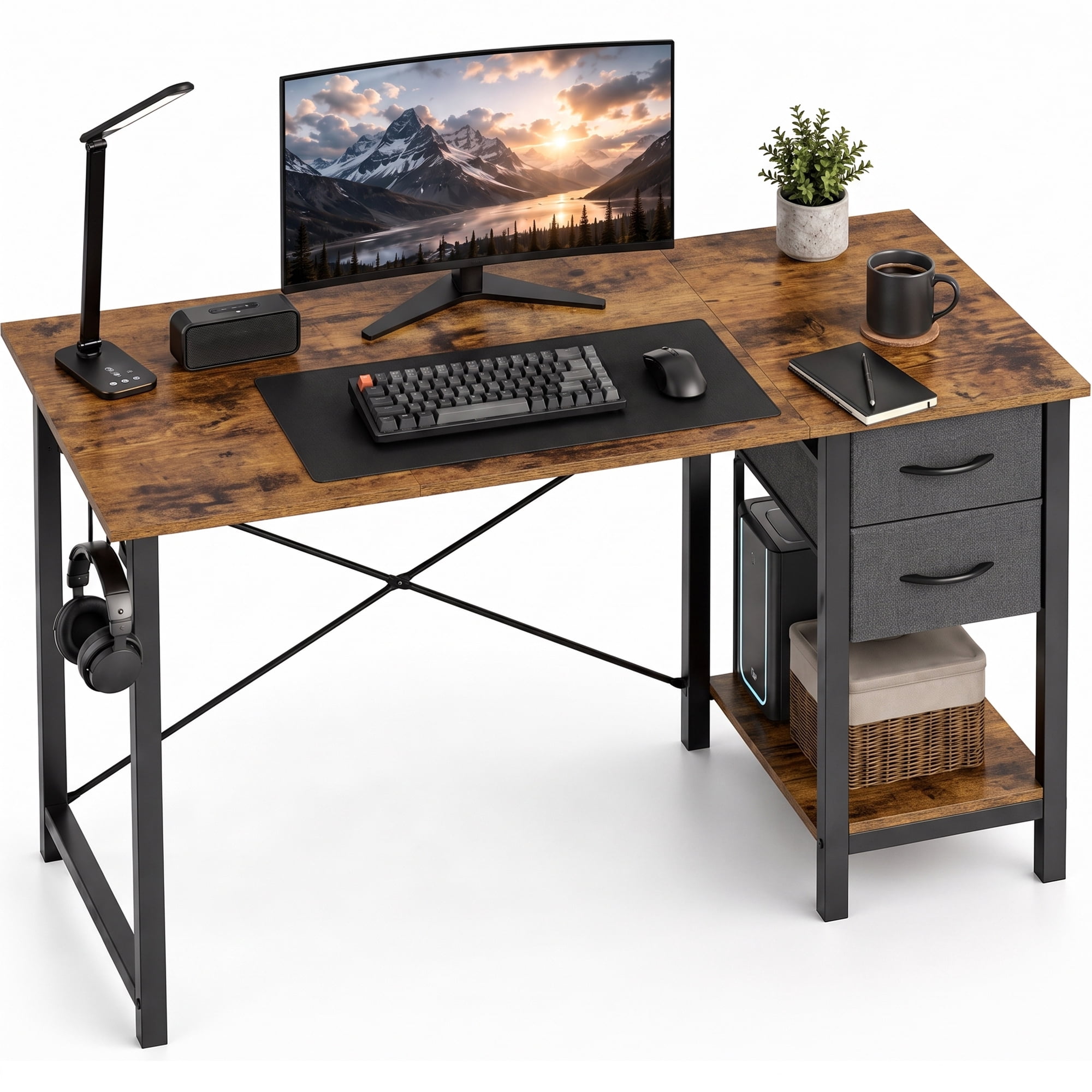 edx 47” Home Office Computer Desk with 2 Fabric Drawers, Storage Shelf, X-Frame Support, Spacious Computer Workstation Writing and Study Desk,Rust
