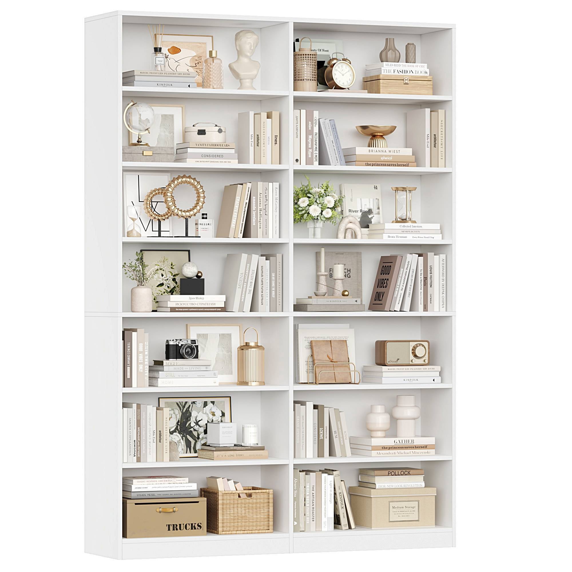 Hiphuta 84" Tall Double Wide 7-Tier Bookcase with 14 Cubes, Large Open Bookcase for Home Office and Living Room, Freestanding Display Book Shelves, White