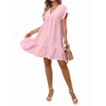 thumbnail image 2 of Women'S Short Sleeve V Neck Ruffle Hem Solid Swing Smock Dress Pink S, 2 of 9