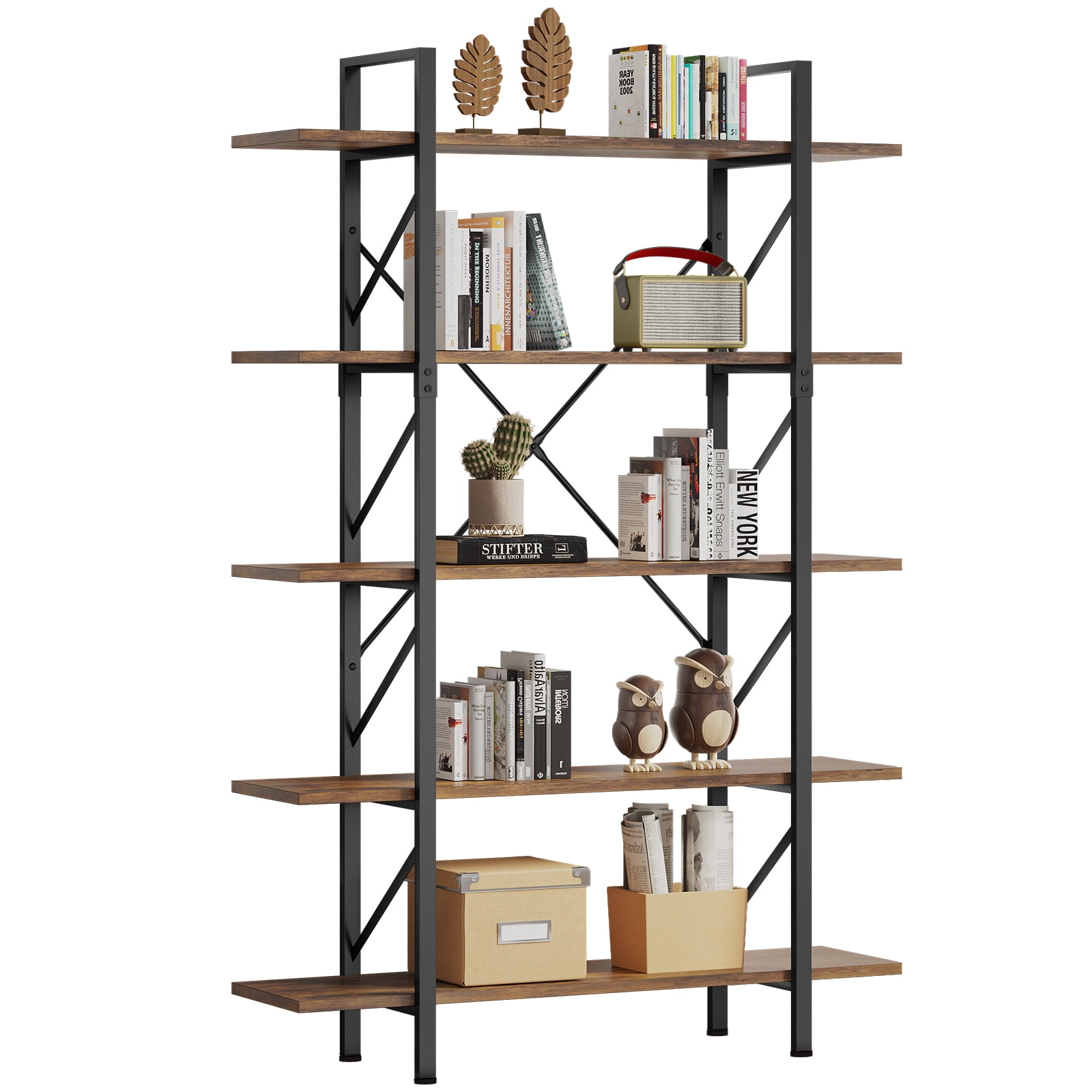 Dextrus 5-Tier Bookcase, Modern Bookshelf Storage Organizer, Free Standing Display Shelf with Metal Frame for Home Office, Office Room, Brown