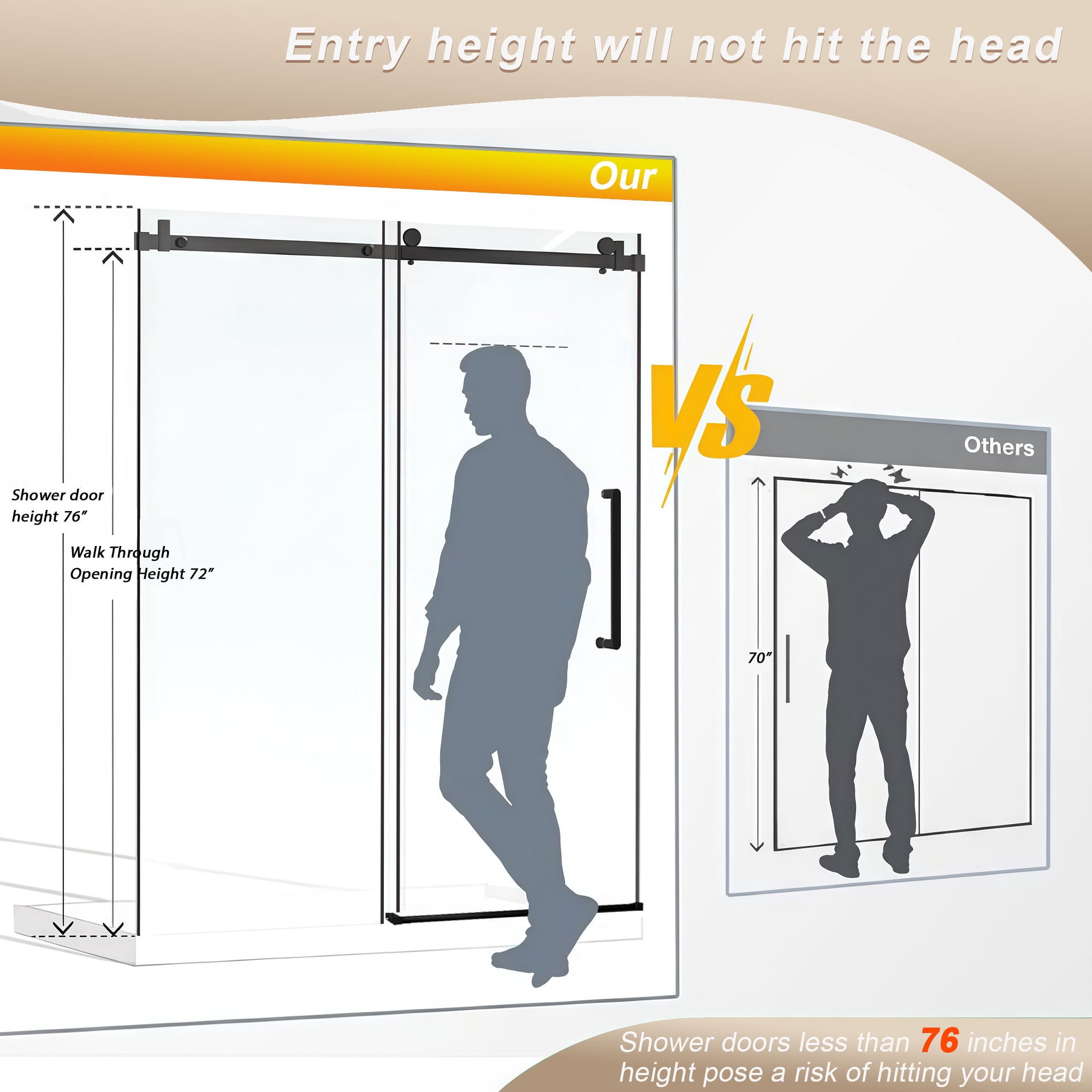 Leumius 56-60"W x 76" H Frameless Single Sliding Shower Door, 1/4\" Clear Tempered Glass, Stainless Steel Handle Square Tube Track Shower Door,Brushed Gold
