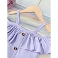 thumbnail image 5 of Mikrdoo Little Girls Outfits Short Sets Lotus Leaf Collar Straps Solid Color Tops Elastic Floral Print Shorts 2Pcs Summer Clothing 6 Years Purple, 5 of 9