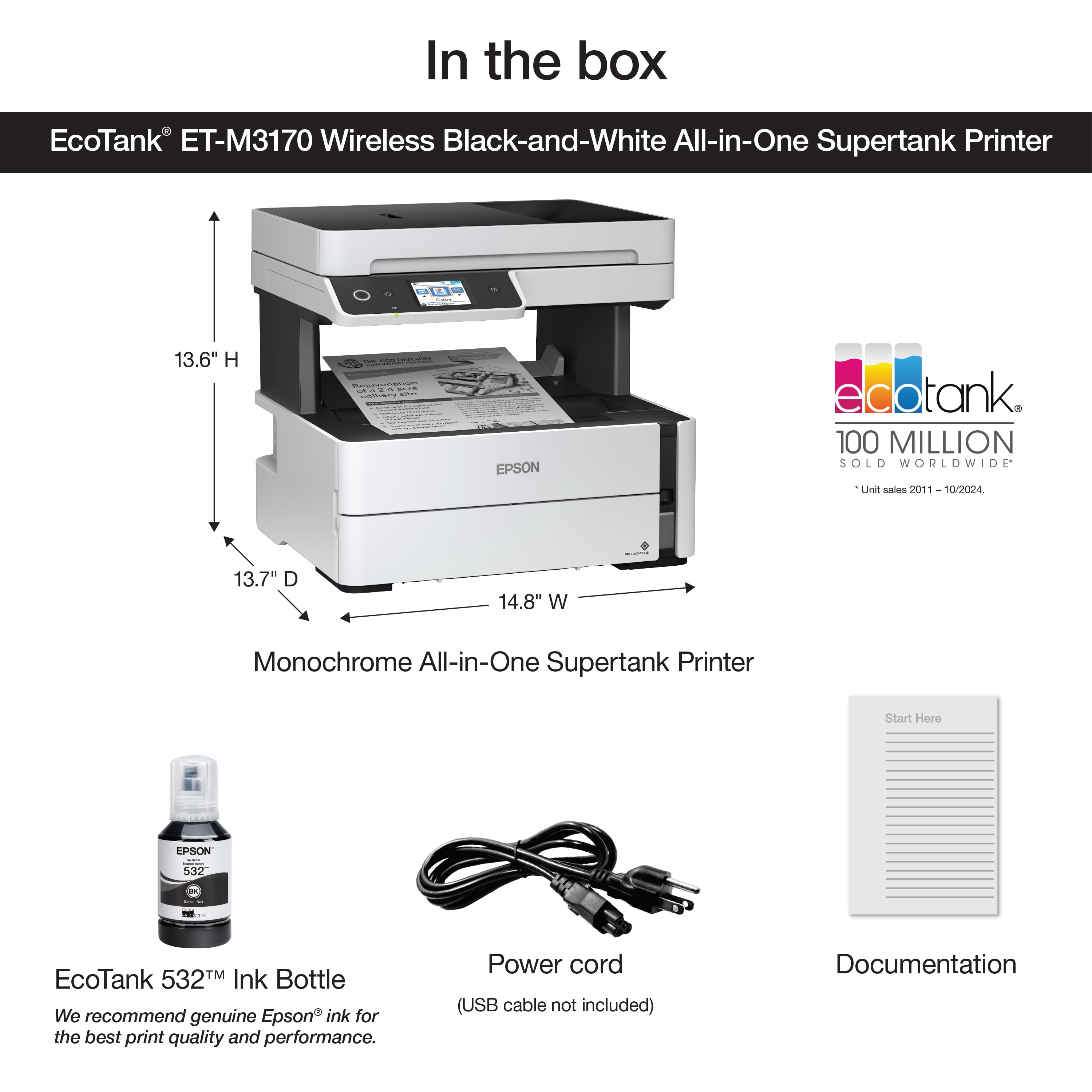 Epson EcoTank ET-M3170 Wireless Monochrome All-in-One Supertank Printer, Plus ADF, Fax and Ethernet