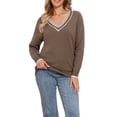 thumbnail image 1 of SUÉTER DE CUELLO EN V INSPIRADOR CHIC PARA MUJERES, PULÓVER DE MANGA LARGA A RAYAS, SUÉTER SUAVE CASUAL DE OTOÑO, TAMAÑO XS, COLOR MARRÓN, 1 of 6