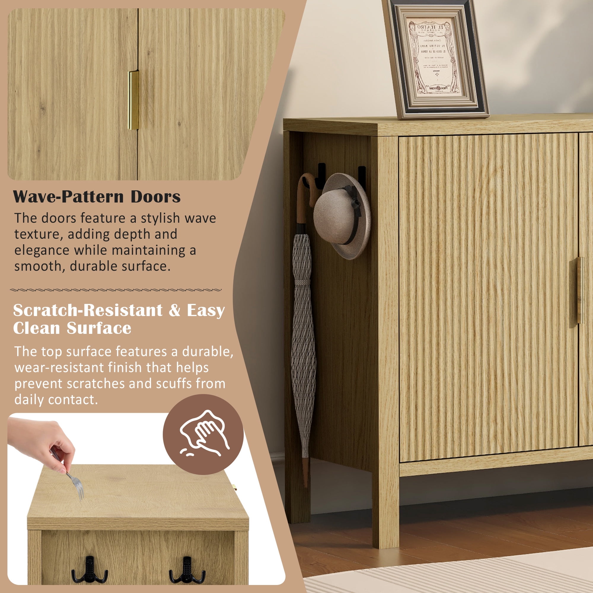 Modern Sideboard with 3 Drawers,Wave-Pattern Storage Buffet Cabinet with Hooks,for Kitchen Living Room,Dining Room