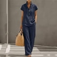thumbnail image 6 of Linen Sets for Women 2 Piece Summer Casual Short Sleeve V Neck Button down Shirts Matching Loose Wide Leg Pants, L, 6 of 8
