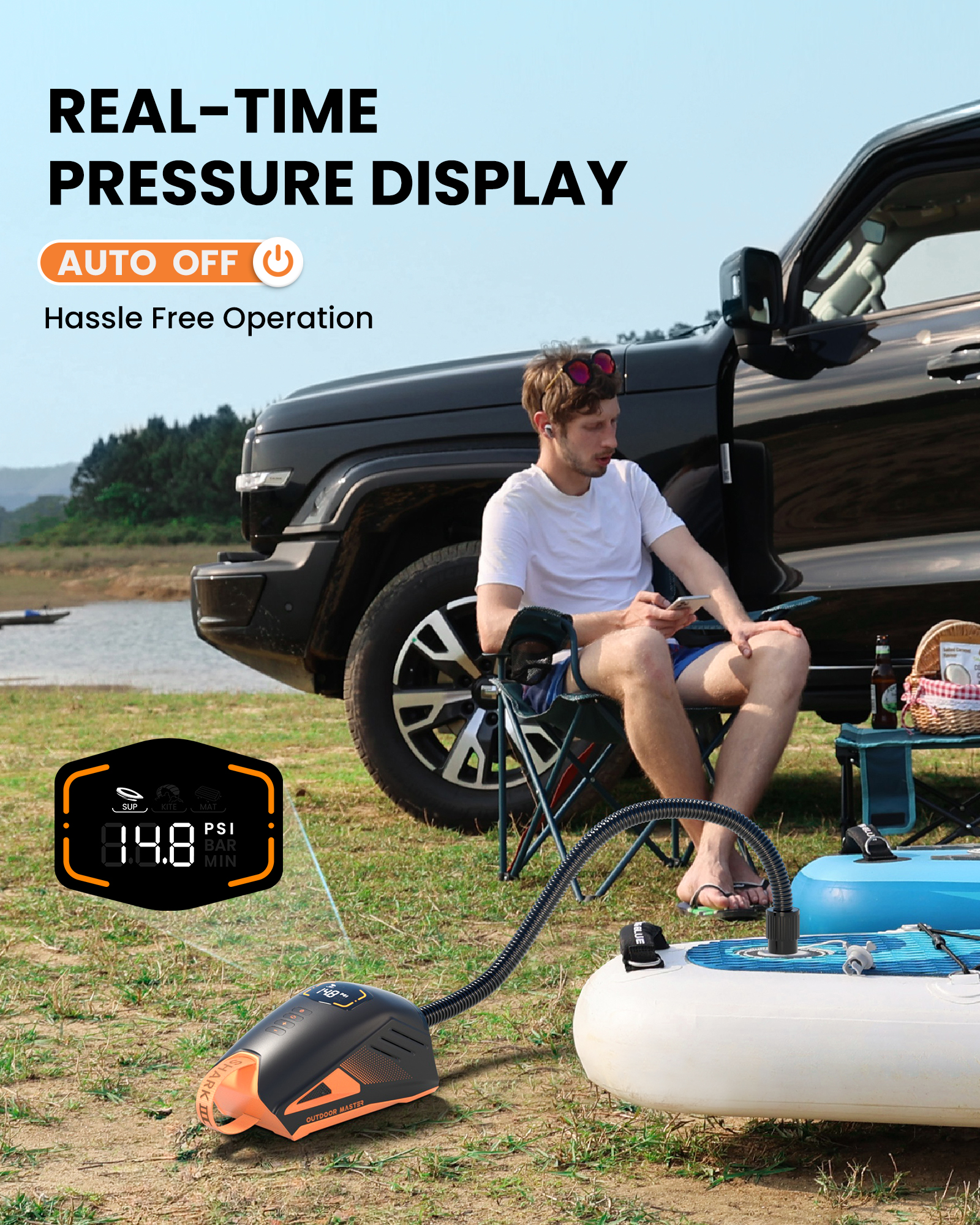 OutdoorMaster 20PSI High Pressure 74Wh Rechargeable SUP Air Pump Electric Shark 3 - Auto-Off & Deflation,12V DC & Type-C Input, for Inflatable Stand Up Paddle Boards, Boats