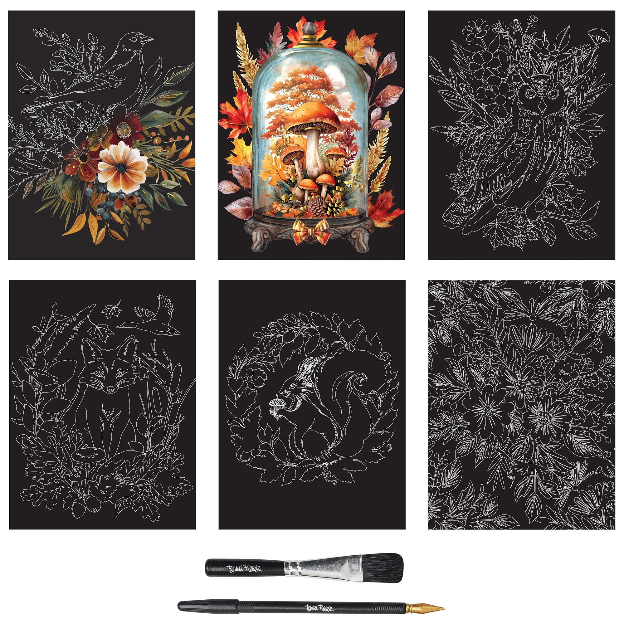 Brea Reese: Scratch Art Paper Pad - Autumn Equinox - 6 Designs, Guided Art, Metallic Accents, Stylus & Brush, Perforated 9x12" Pages, DIY Adult Craft