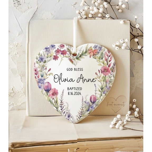 Personalized Spring Floral Baptism Ornament - Custom Baptism Heart Ornament for Girls - Christening Gift