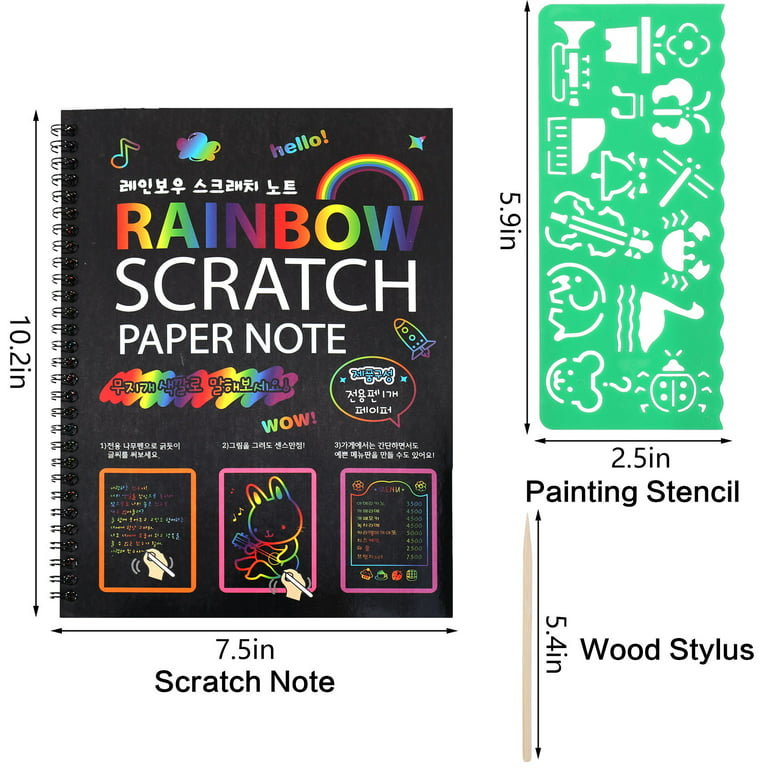 HEQUSIGNS 2Pcs Scratch Paper Art, Magic Rainbow Scratch Notebook Set,Large  Painting Paper Boards Art Book with 2 Pens 4 Drawing Stencils for Ages 4-12