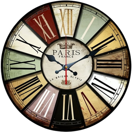 Hoease 10 Inch Silent Wall Clock, Vintage Paris Multi-Color Roman Numeral Decorative Wall Clock, Battery Operated Non-Ticking Round Clock for Living Room Bedroom Office Home Decor