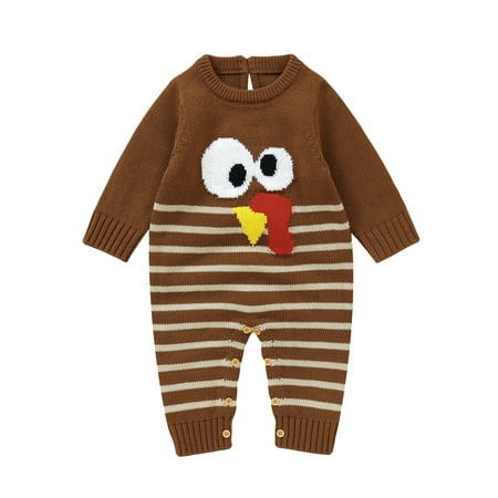 

Wilcliar Baby Thanksgiving Sweater Romper Casual Turkey Stripe Print Long Sleeve Jumpsuit for 1M 3M 6M 9M 12M 18M Newborn Infant Cute Clothes