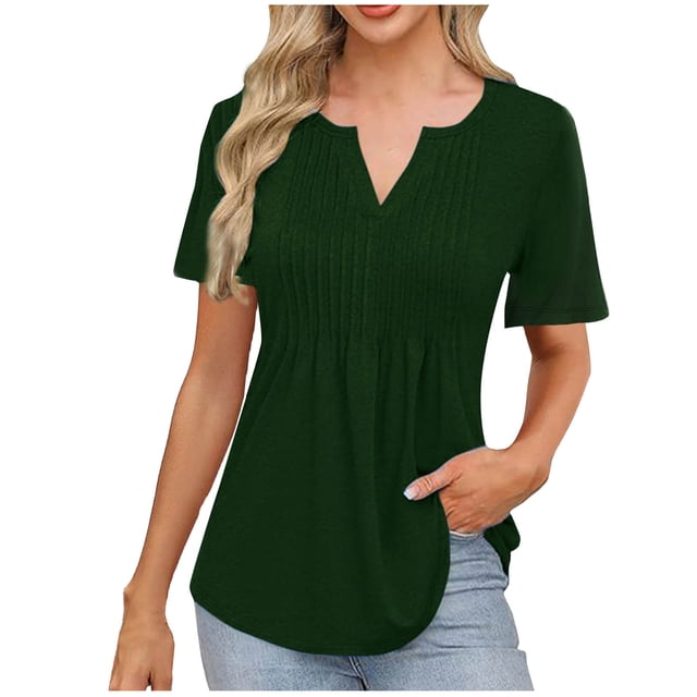 Camisas de Manga Corta para las Mujeres Casual Color Sólido Plisado V-Cuello Blusas, Moda Verano Top para Diario Y Fiesta