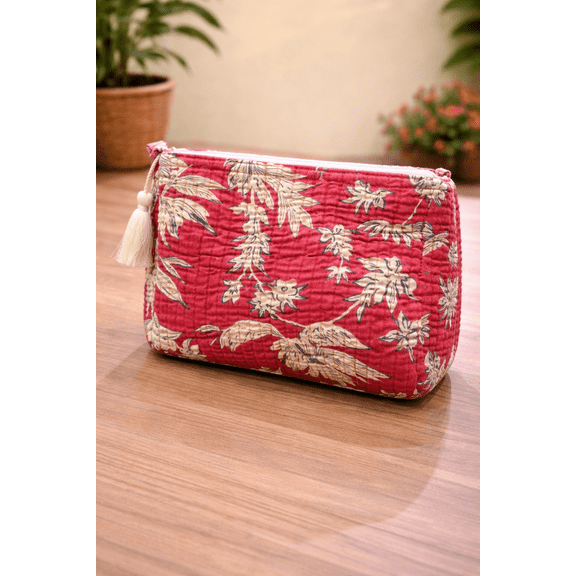 Handcrafted Quilted Red Floral Cosmetic Pouch with Tassel, Spacious Makeup Organizer, Travel Toiletry Bag, Stylish Fabric Clutch for Everyday Use