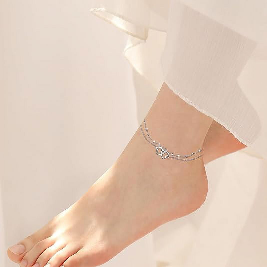 SOULMEET Sterling Silver Heart&Heart Lab Grown Silver Anklets, 9 in Rosary Chain, Includes Gift Box