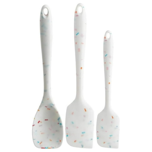 Confetti Silicone Utensil Set – 11" Spatula, 11" Spoonula & 8" Small – Reinforced flexible silicone, BPA-free, heat resistant to 428°F, ergonomic & dishwasher safe. White
