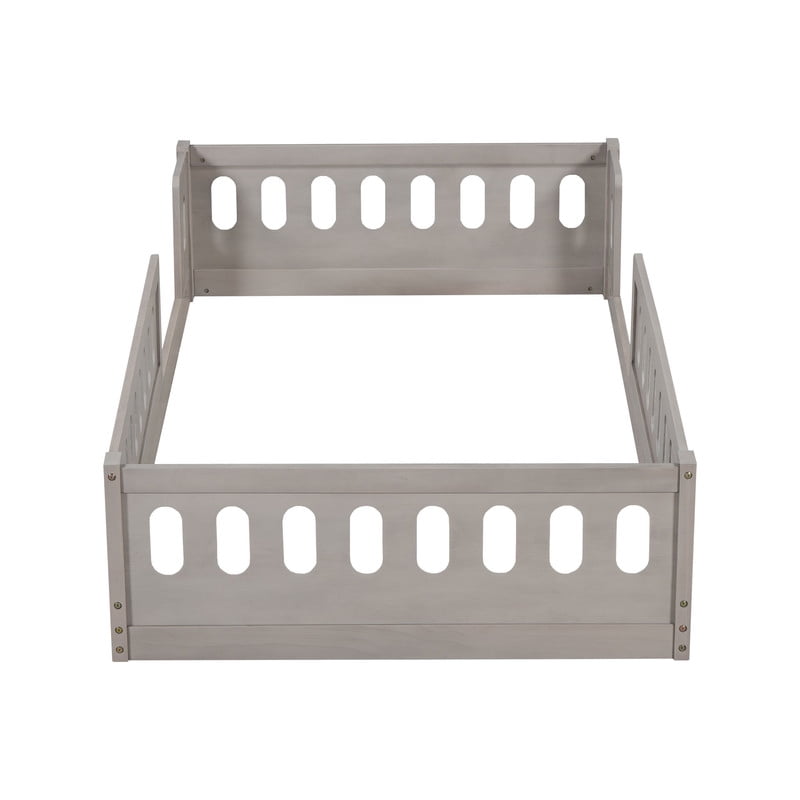 Twin Size Low Profile Platform Bed with Guardrails, Wooden Montessori Kids Floor Bed without Support Slat