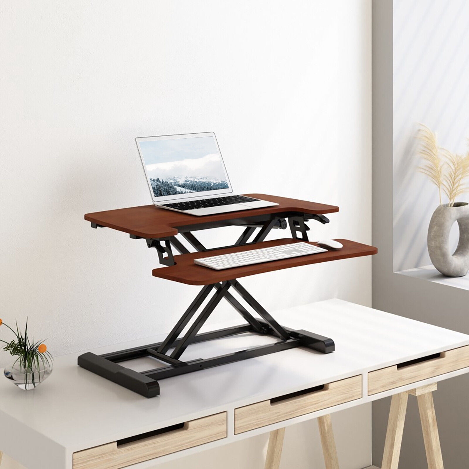 MarketLane 27.6 inch Desk Converter, K Series, Height Adjustable Sit to Stand Riser, Dual Monitor and Laptop Workstation with Wide Keyboard Tray, Dark Walnut Top, Black Frame