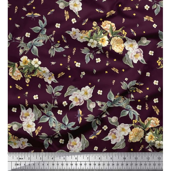 Soimoi Georgette Viscose Fabric Leaves,Moth & Magnolia Floral Print Fabric by the Yard 42 Inch Wide
