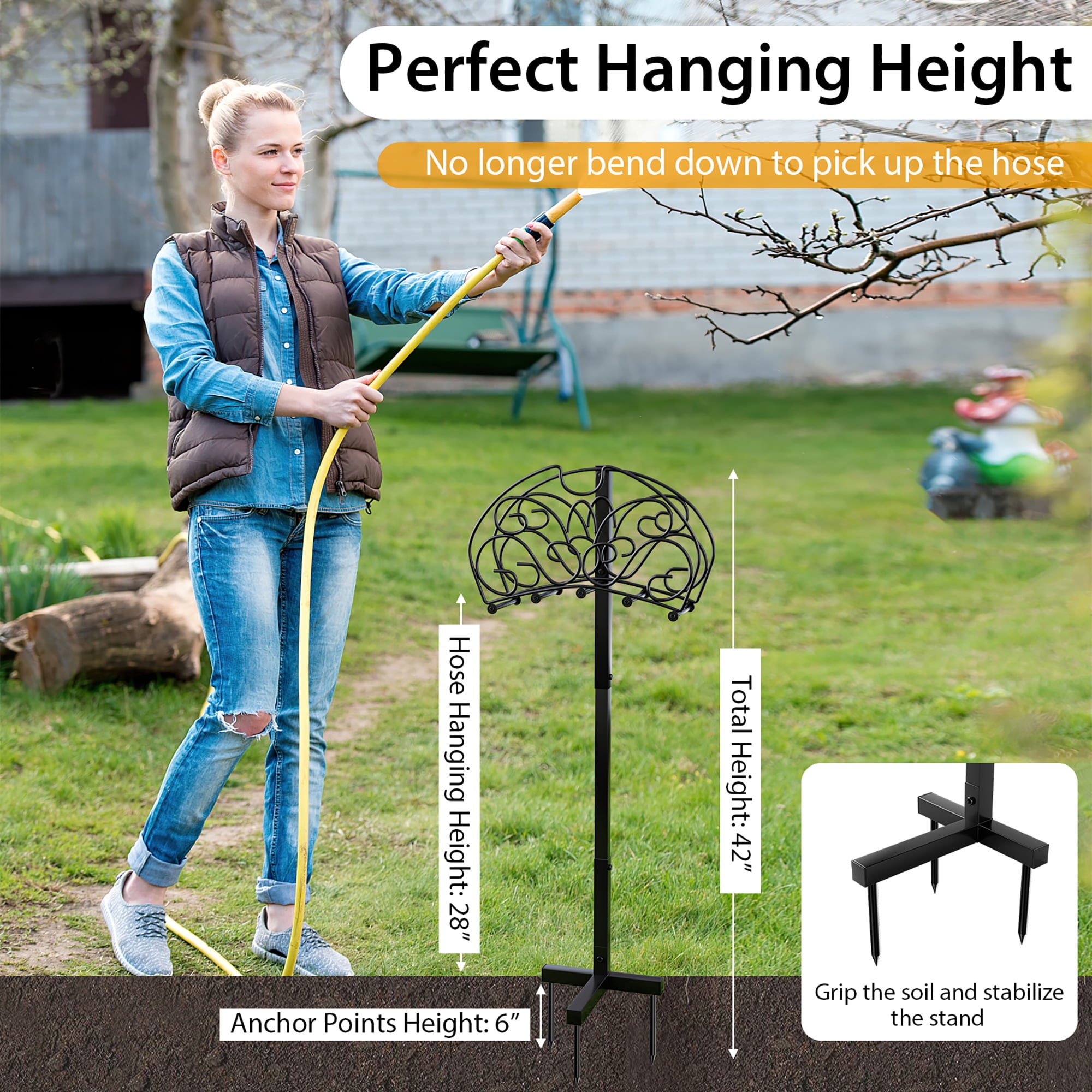 Gymax Garden Hose Holder Freestanding Water Hose Stand Detachable Metal Hose Holder