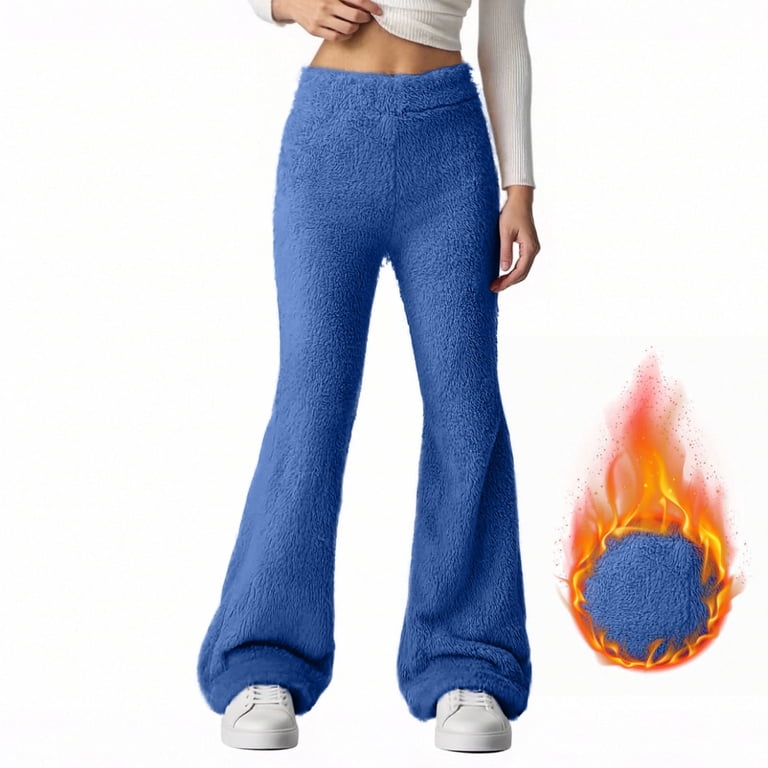 RYRJJ Womens Fuzzy Fleece Bootcut Flare Pants Elastic Waist Winter